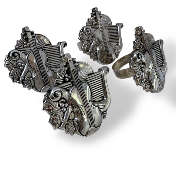 Vintage Bombay Napkin Rings Set of Four Holly Violin Godinger Silver Tone - Picture 7 of 8